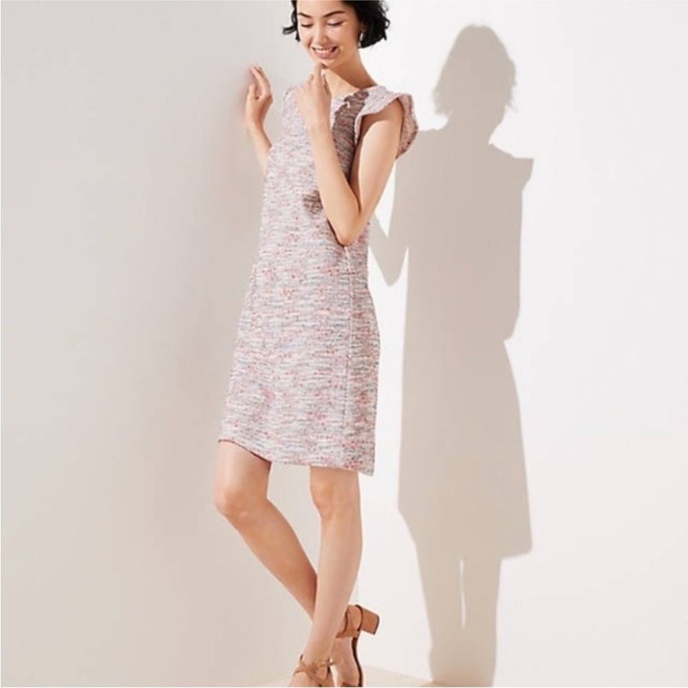 LOFT Pink Boucle Tweed Flutter Sleeve Shift Dress